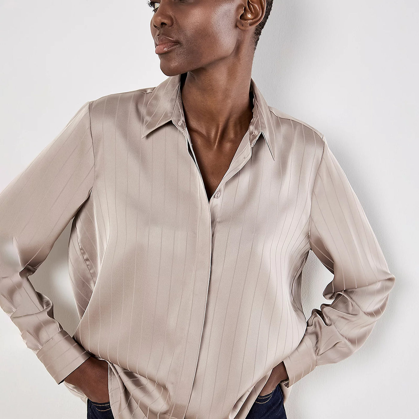 Satin Self Stripe Oversize Blouse - Stone