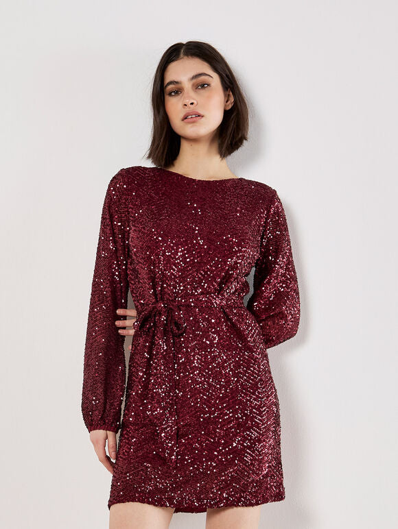 Chevron Sequins Mini Dress - Burgundy