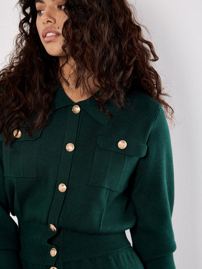 Gold Button Knit Cardigan - Green