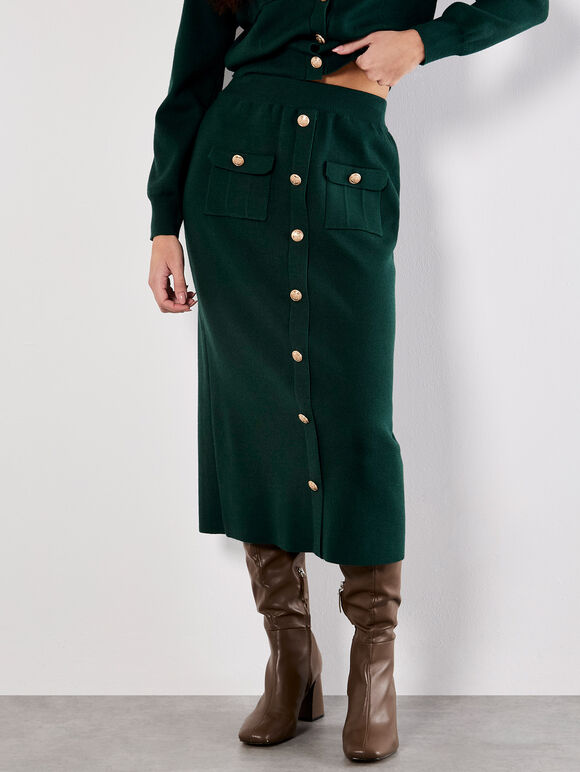 Gold Btn Knit Midi Skirt - Green