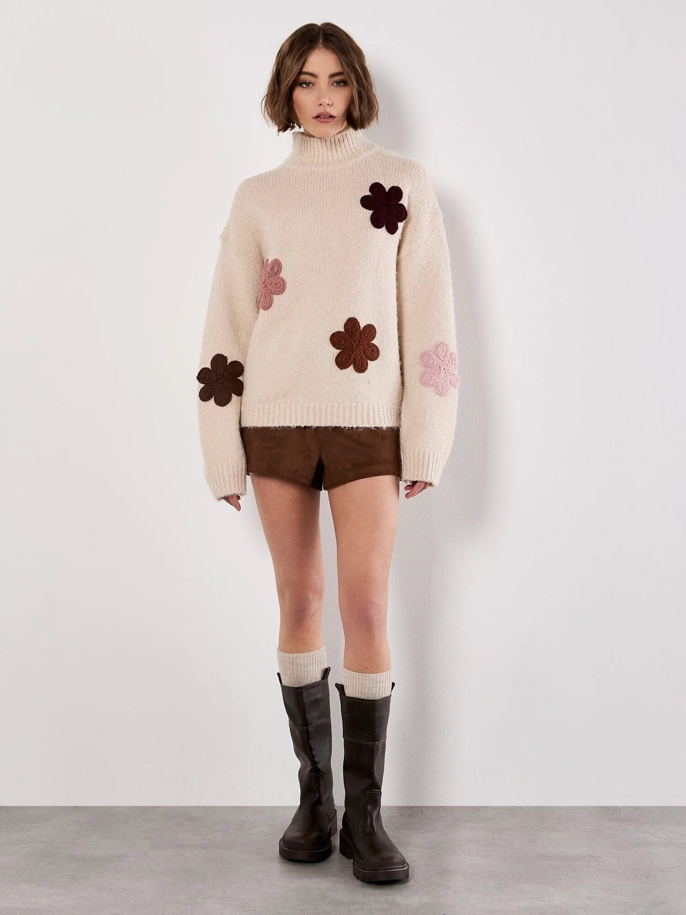 Embroidered Flower Mock Neck Jumper - Stone