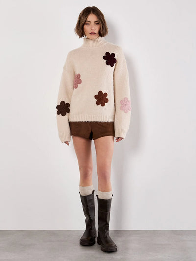 Embroidered Flower Mock Neck Jumper - Stone