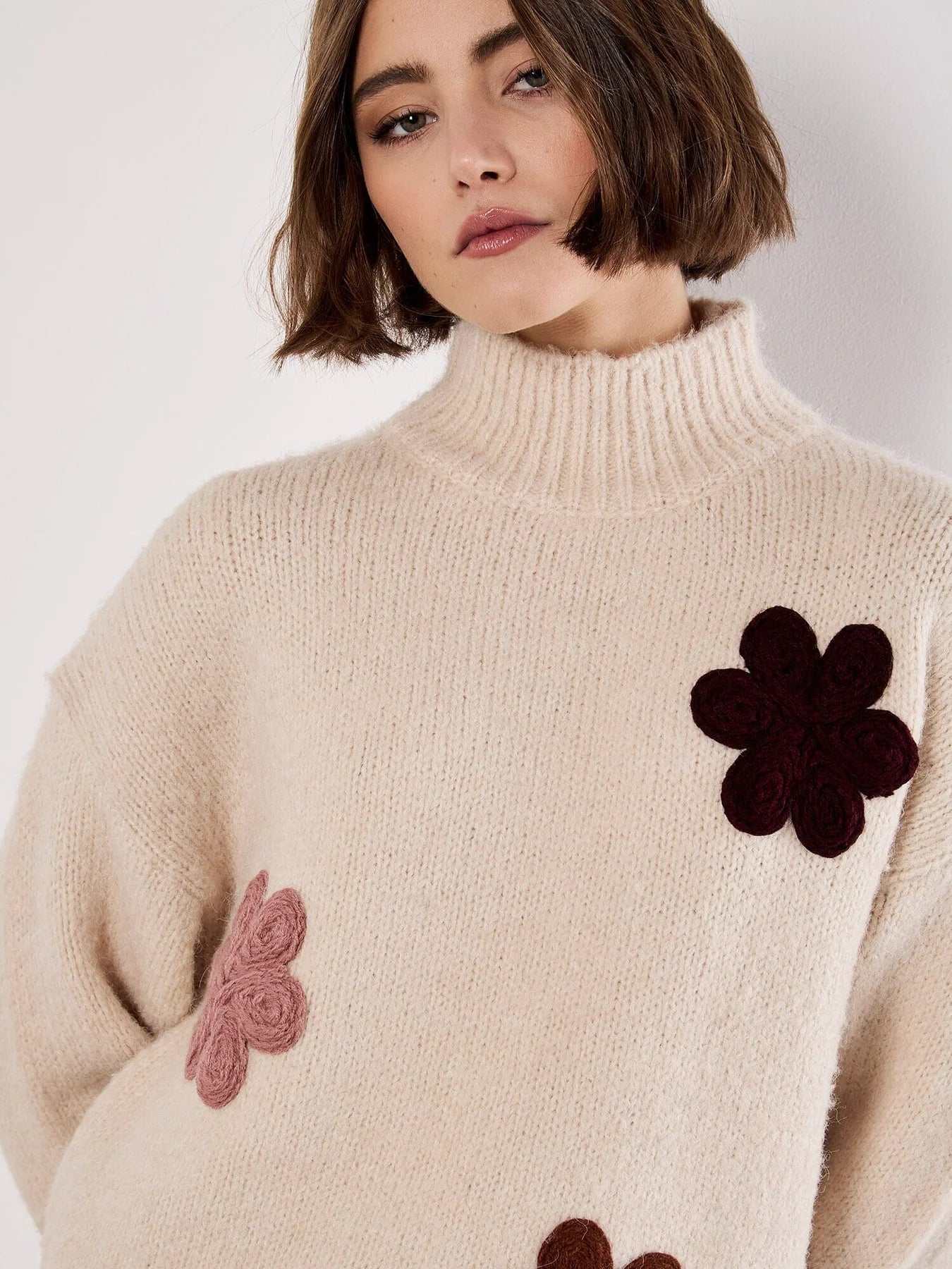 Embroidered Flower Mock Neck Jumper - Stone