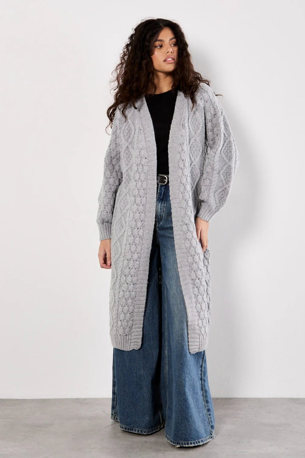 Cable Knit Open Midi Cardigan - Cream