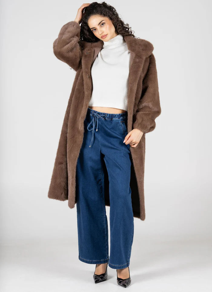 Faux Fur Long Coat - mocha