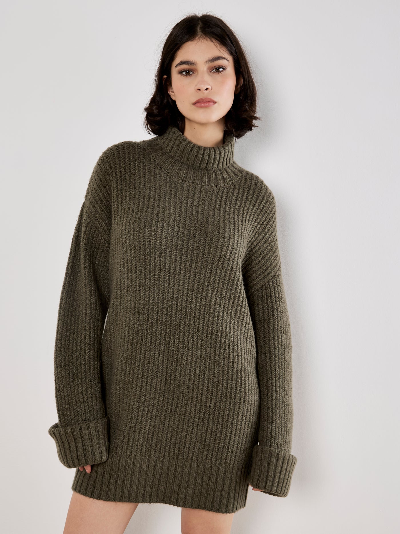 Textured Boucle Jumper Dress - Khaki