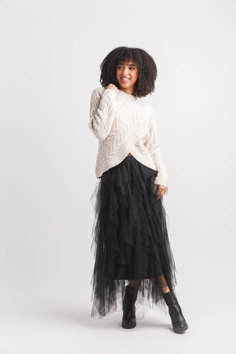 Cable Knit Crossover Sweater - Oat