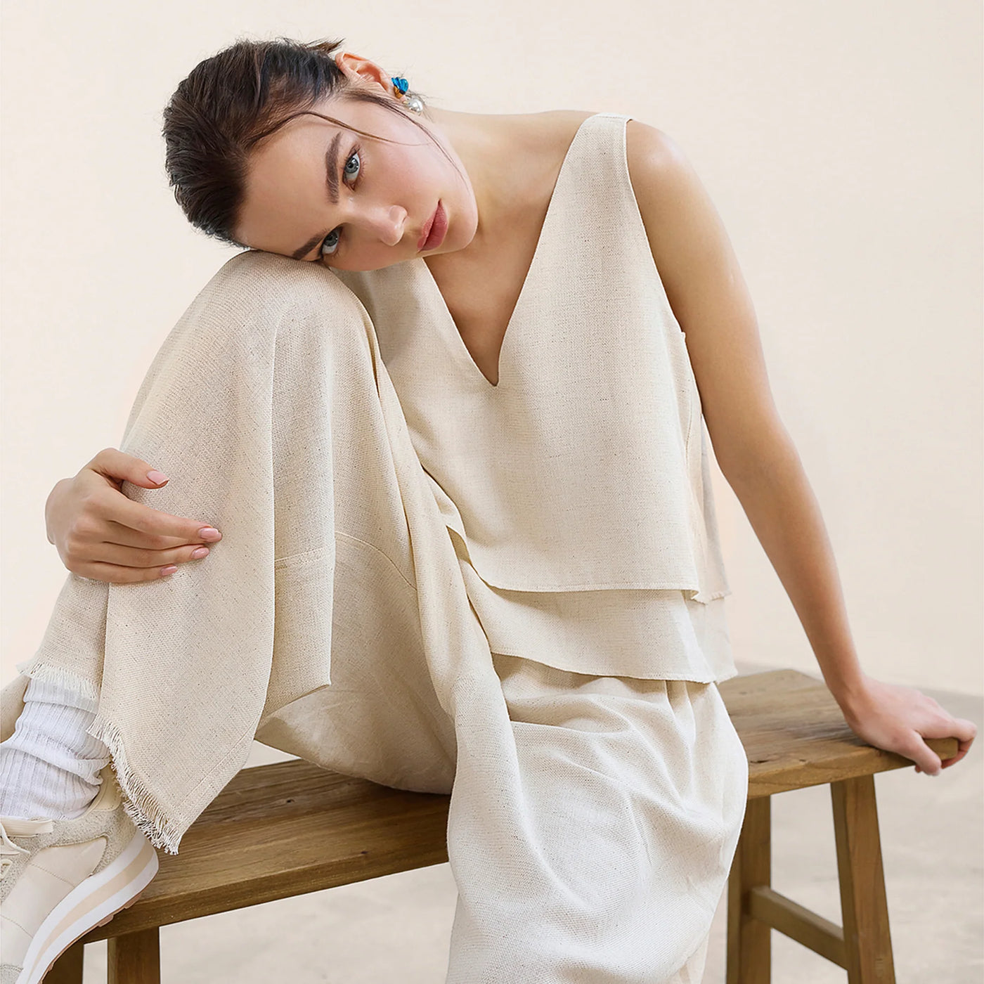 Linen Cotton Tank Blouse-Natural