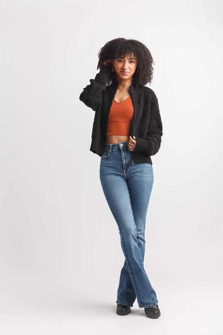 Full Zip Rib Detail Jacket- Black