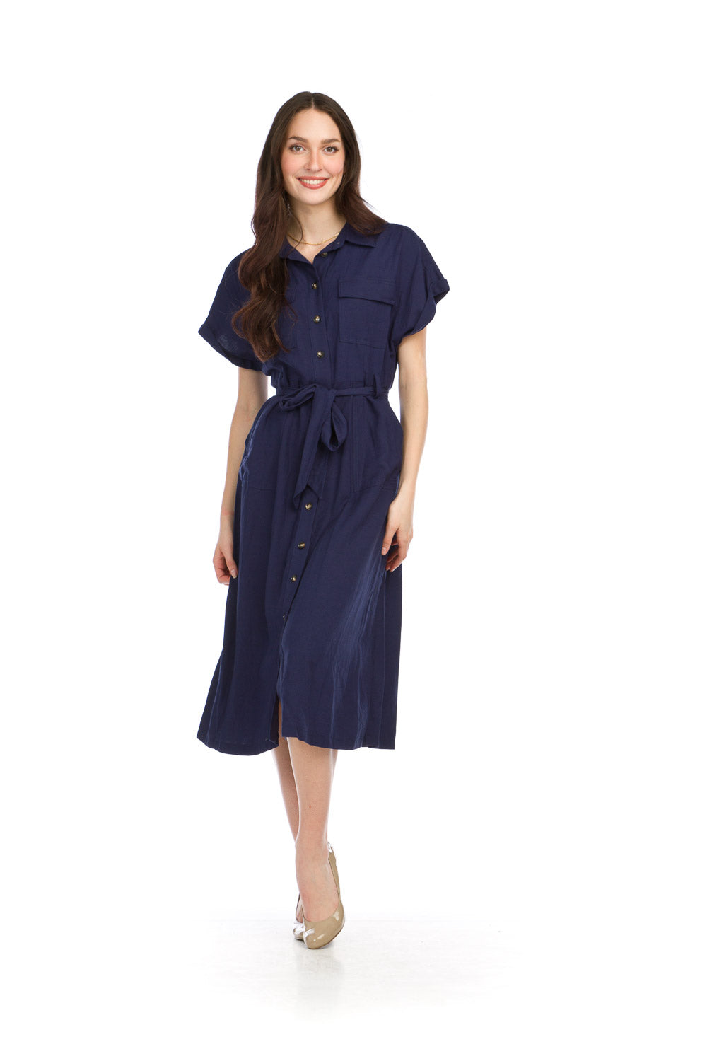 Utility Linen Blend Shirt Dress-Navy