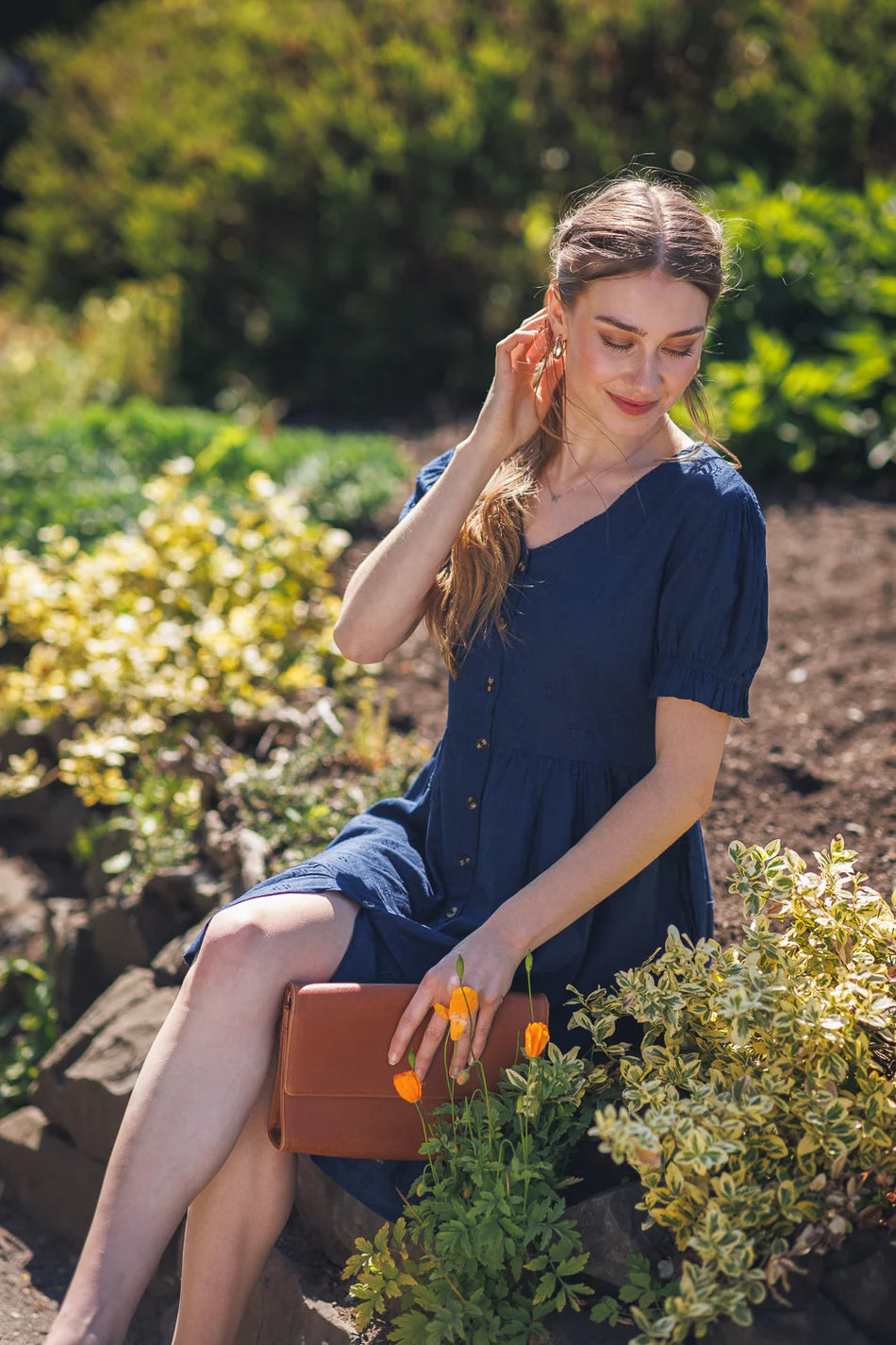 Embroidered Cotton Blend Dress - navy