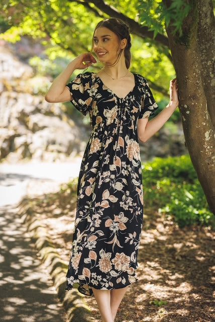Floral off the Shoulder Dress - black