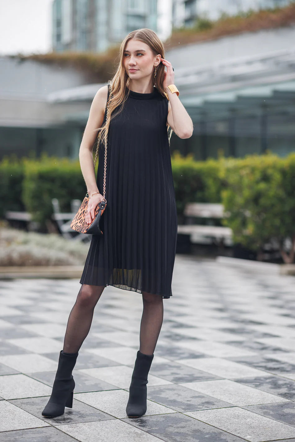 Pleat Mock-Neck Dress