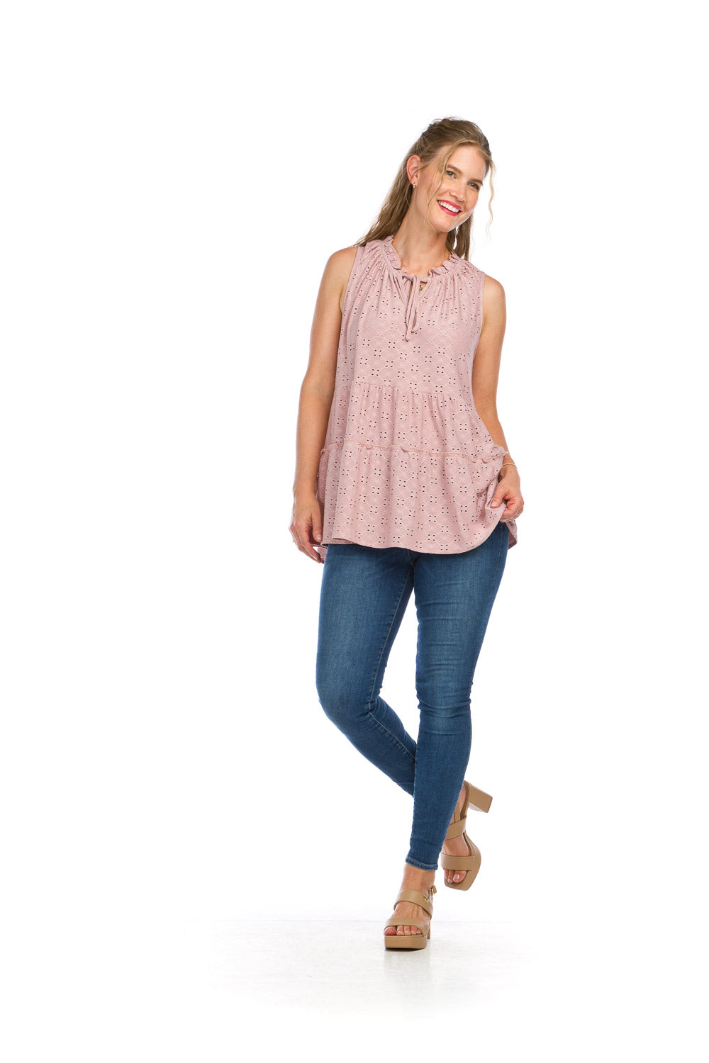 Tiered Eyelet Sleeveless Top-Rose Blush