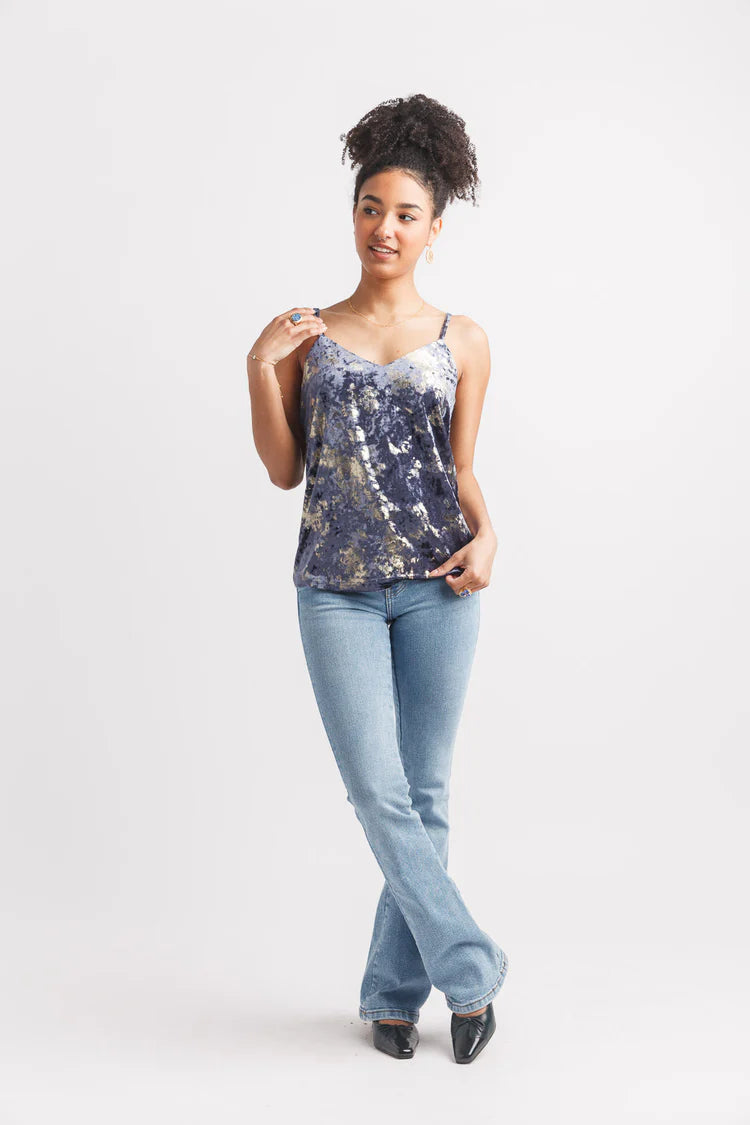 Spaghetti Strap Crushed Velvet Top - Navy