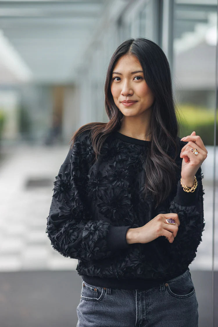 3D Floral Knit Sweater with Rib Trim - Black