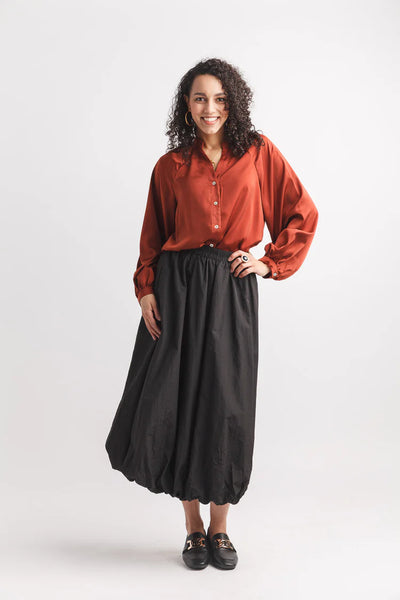 Satin Balloon Sleeve Button Front Blouse