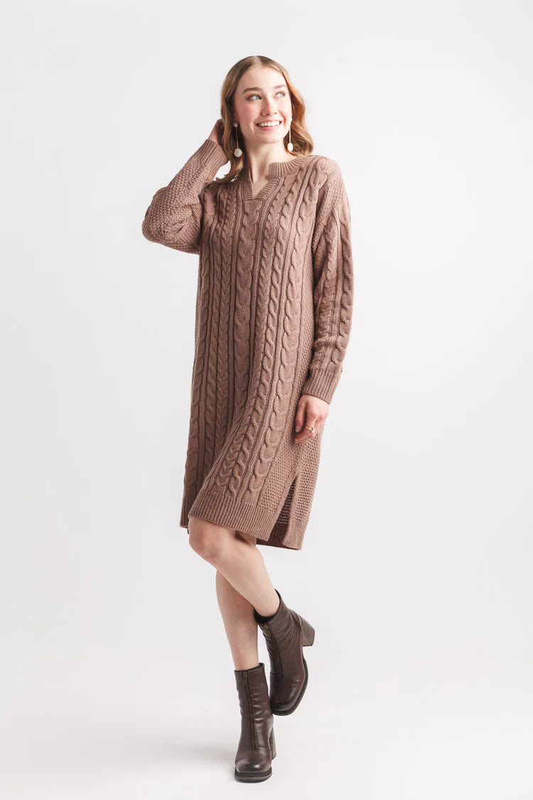 Cable Knit Sweater Dress - Mocha