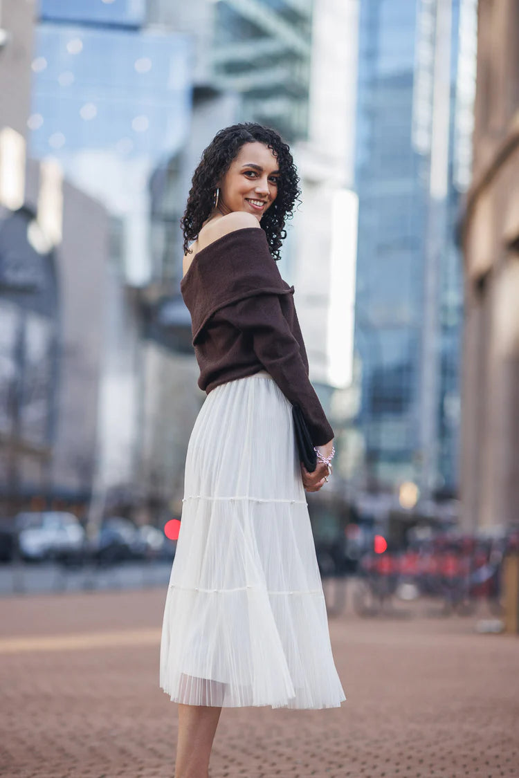 Tiered Pleated Tulle Skirt with Pearl Detail - Cream