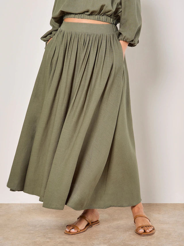 Pleated Full Midi Skirt - khaki