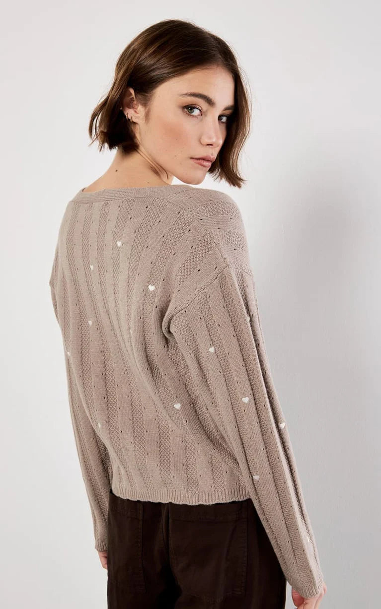 Embroidered Hearts Pointele Cardigan - Brown
