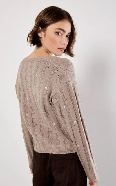 Embroidered Hearts Pointele Cardigan - Brown