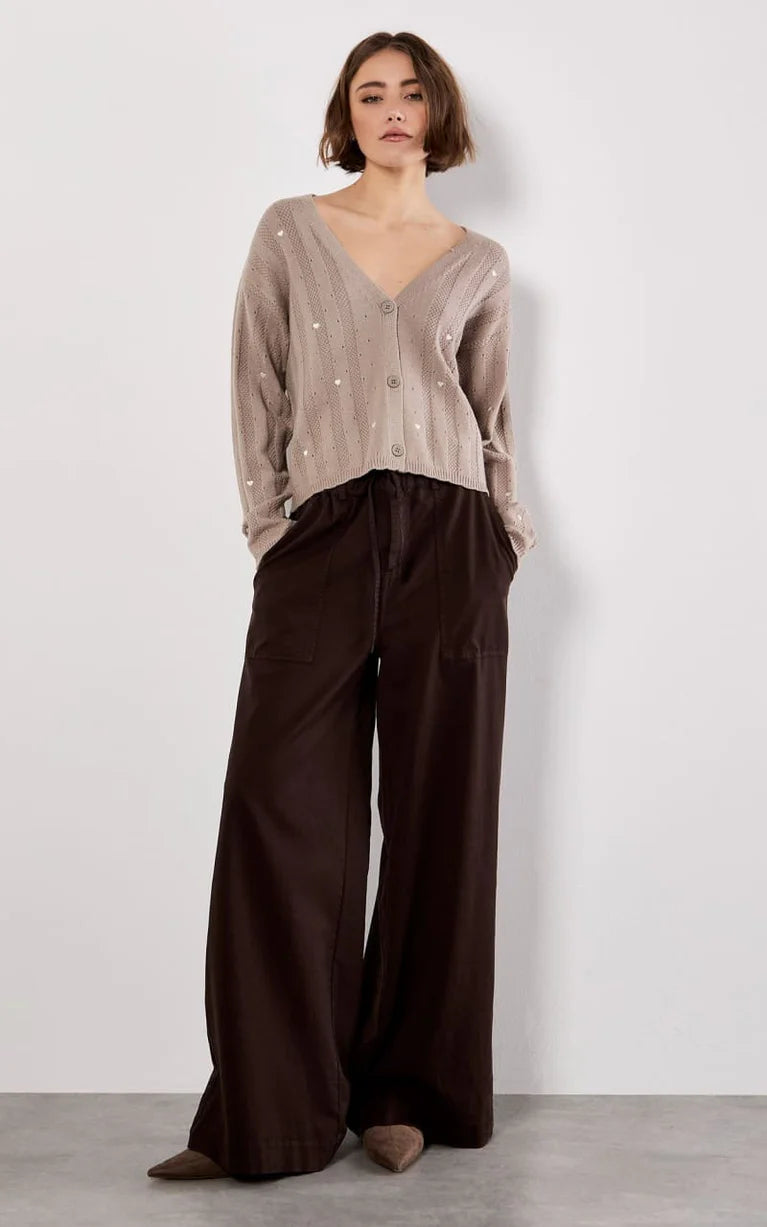 Embroidered Hearts Pointele Cardigan - Brown