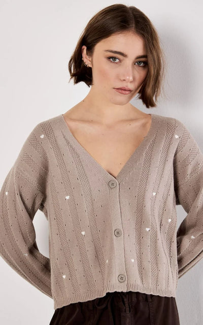 Embroidered Hearts Pointele Cardigan - Brown