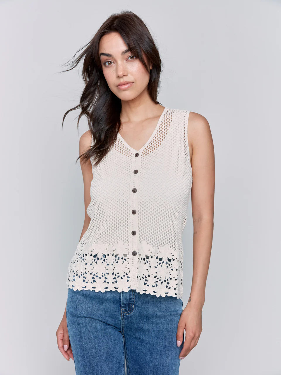 Button Front Crochet Vest - Natural