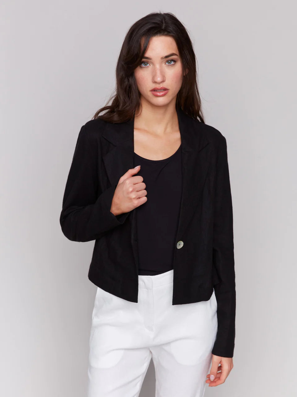Cropped Linen Blend Blazer - Black