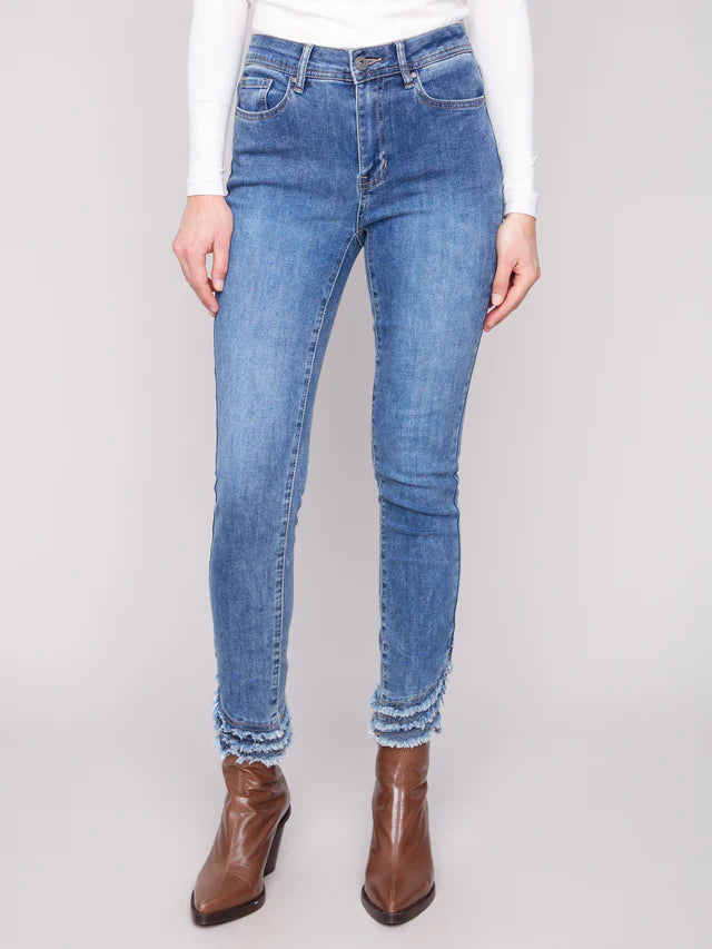 Frayed Hem Denim Pants - Medium Blue