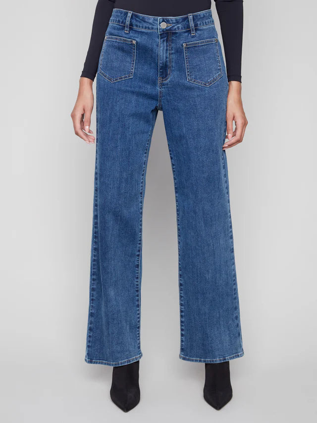 Patch Pocket Flare Jeans With Rivets