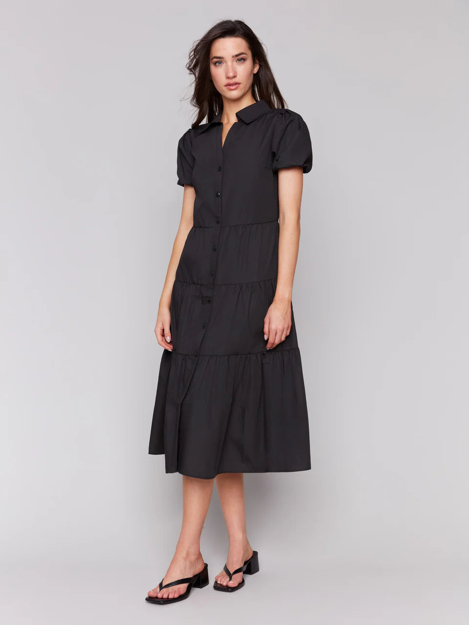 Puff Sleeve Midi Dress - Black