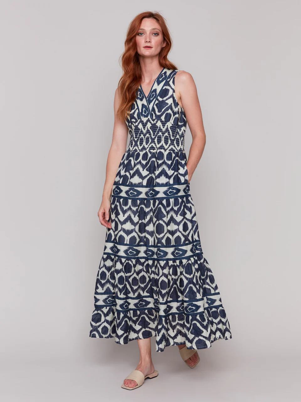 Printed Sleeveless Cotton Maxi Dress - Navy