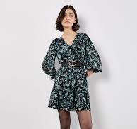 Ditsy Floral Ikat Ruffle Dress - Green