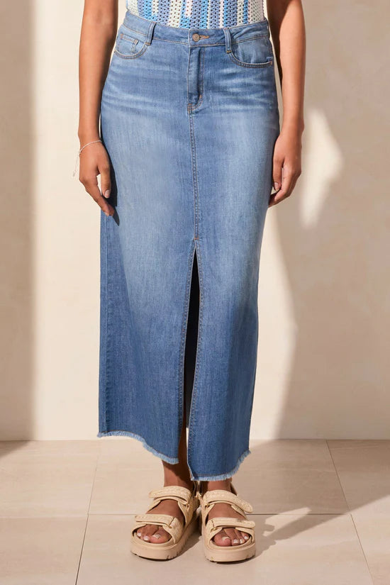 Full Length Slit-Accent Denim Skirt - coastline